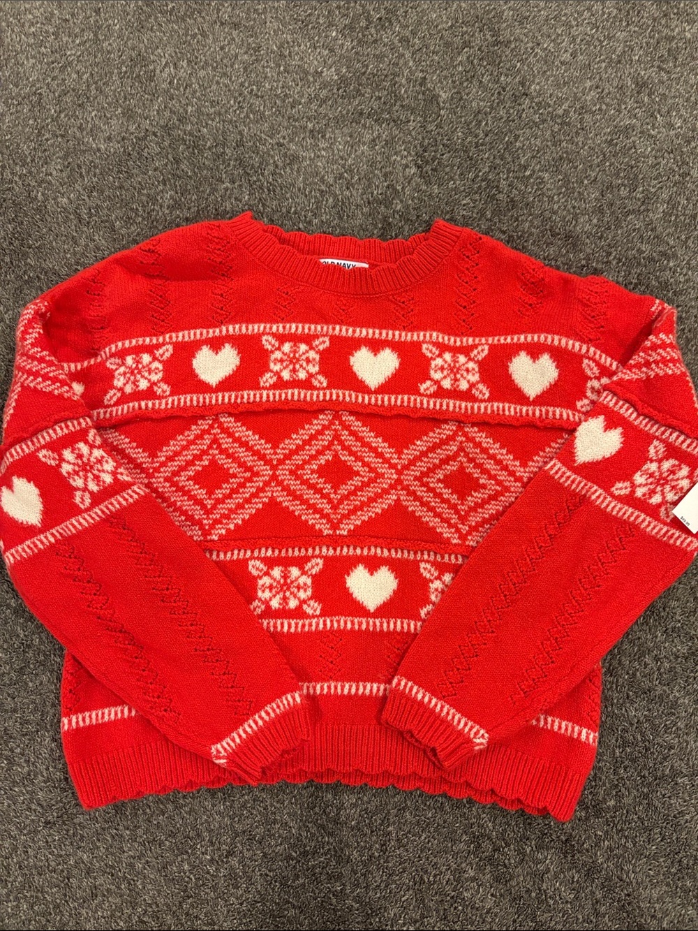 Old Navy Red & White Heart Fair Isle Crewneck Sweater